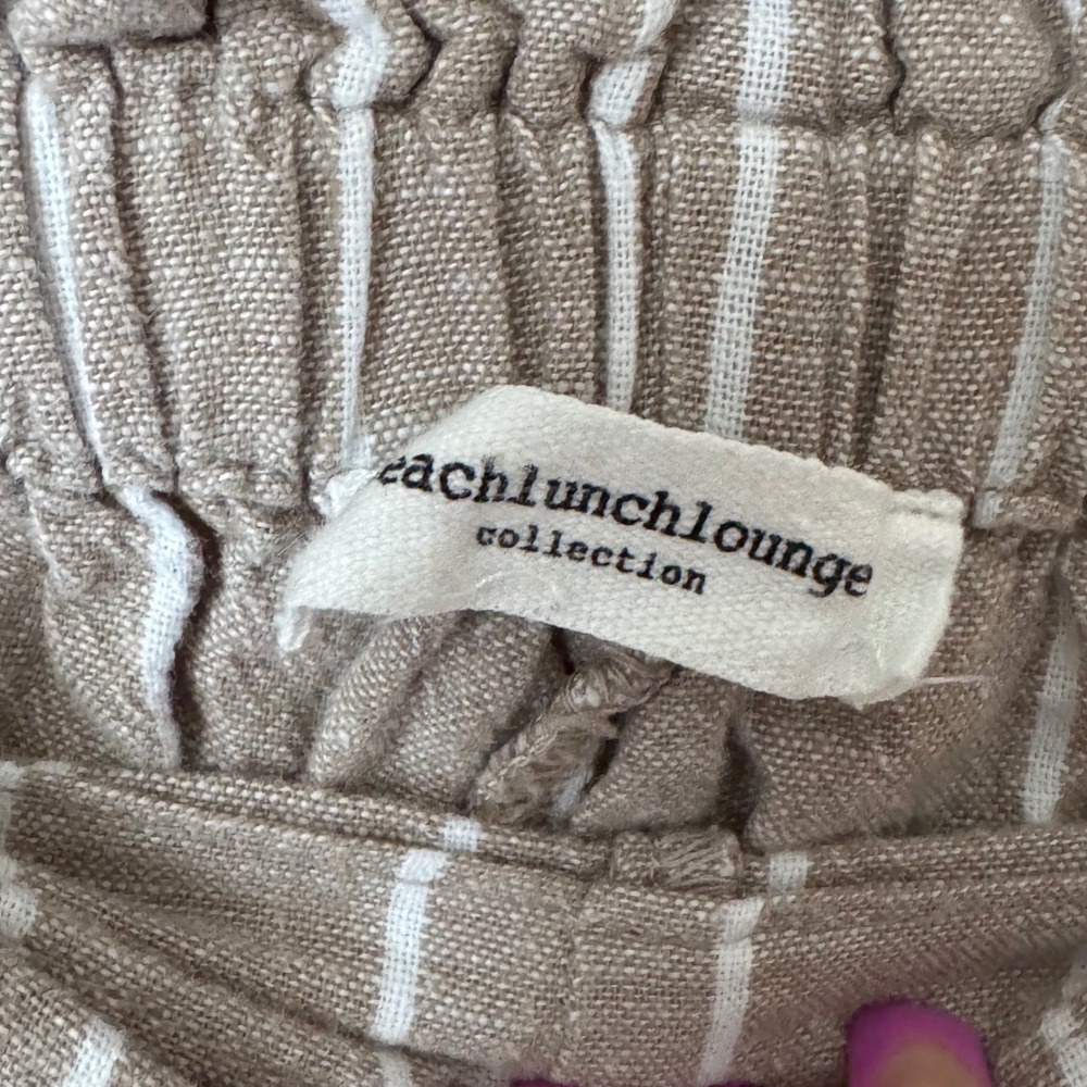 Beachlunchlounge Tan White Pinstripe Paperbag Waist Linen Blend Pants Small - Picture 2 of 3